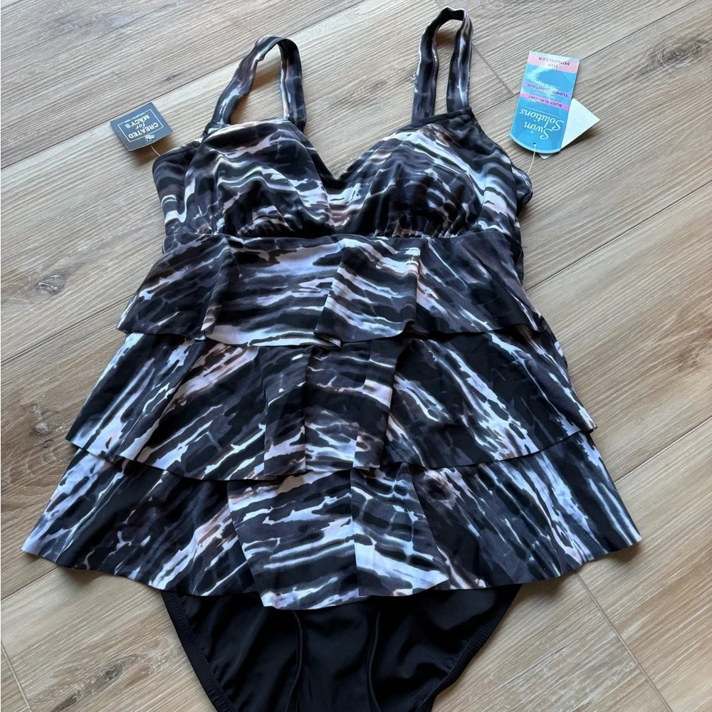 Swim Solutions Black Marble Printed Tiered Tummy Control One-Piece Suit, US Sz 8 - Picture 2 of 4